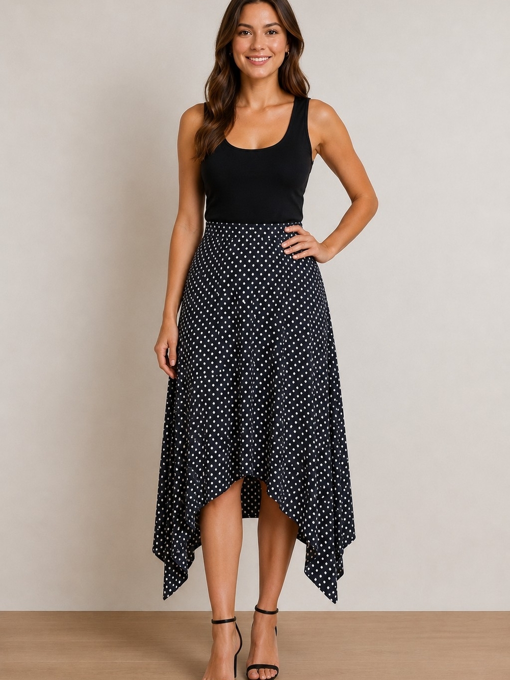 Premise Navy & White Polka Dot Asymmetrical Handkerchief Skirt Size Large